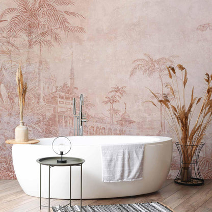 Fototapete - Landscape with temple - engraving of Indian architecture with palm trees