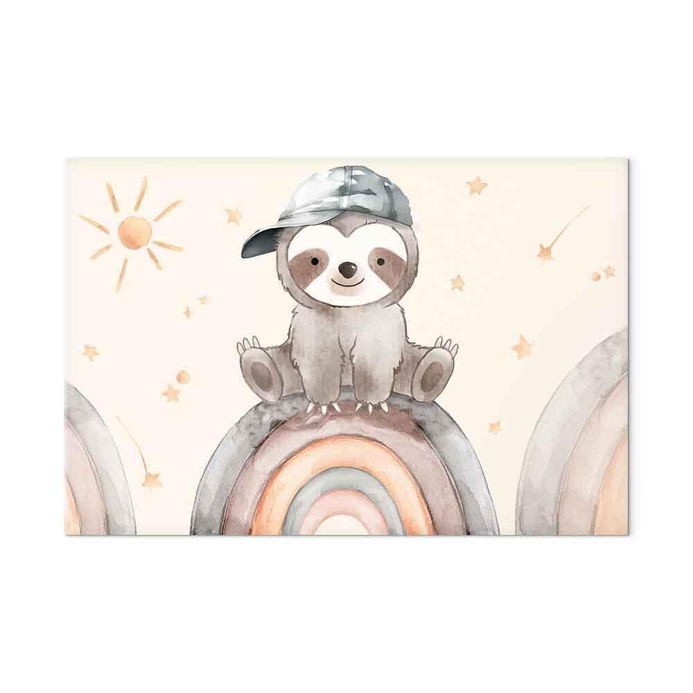 Leinwandbild - Happy Sloth - Sloth in Subdued Colors Wearing a Cap Sitting on a Rainbow Among Little Stars