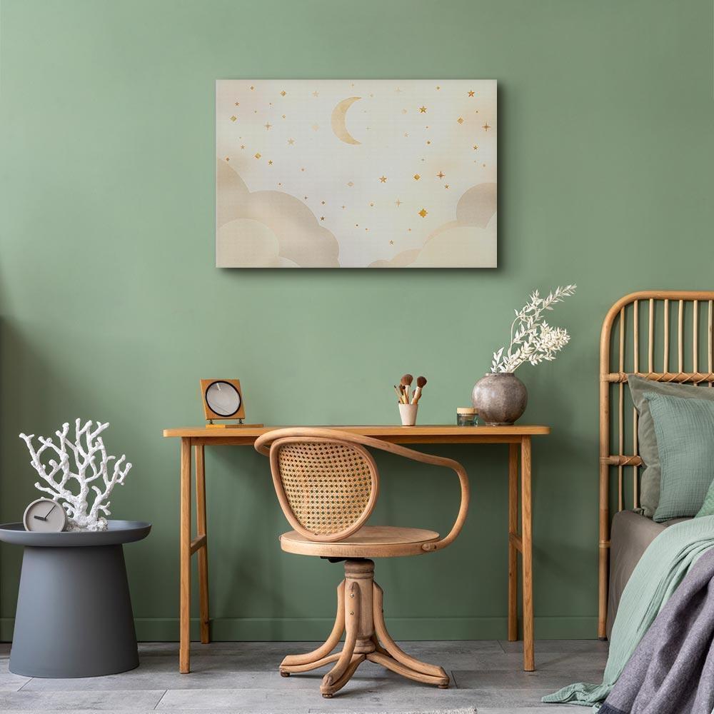 Leinwandbild - Bright Night - Moon Accompanied by Many Stars on a Light Background