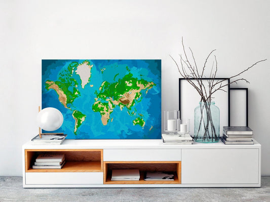 Weltkarte in Naturfarben Blau und Grün zum Ausmalen - Harmonisches DIY Wandbild Set