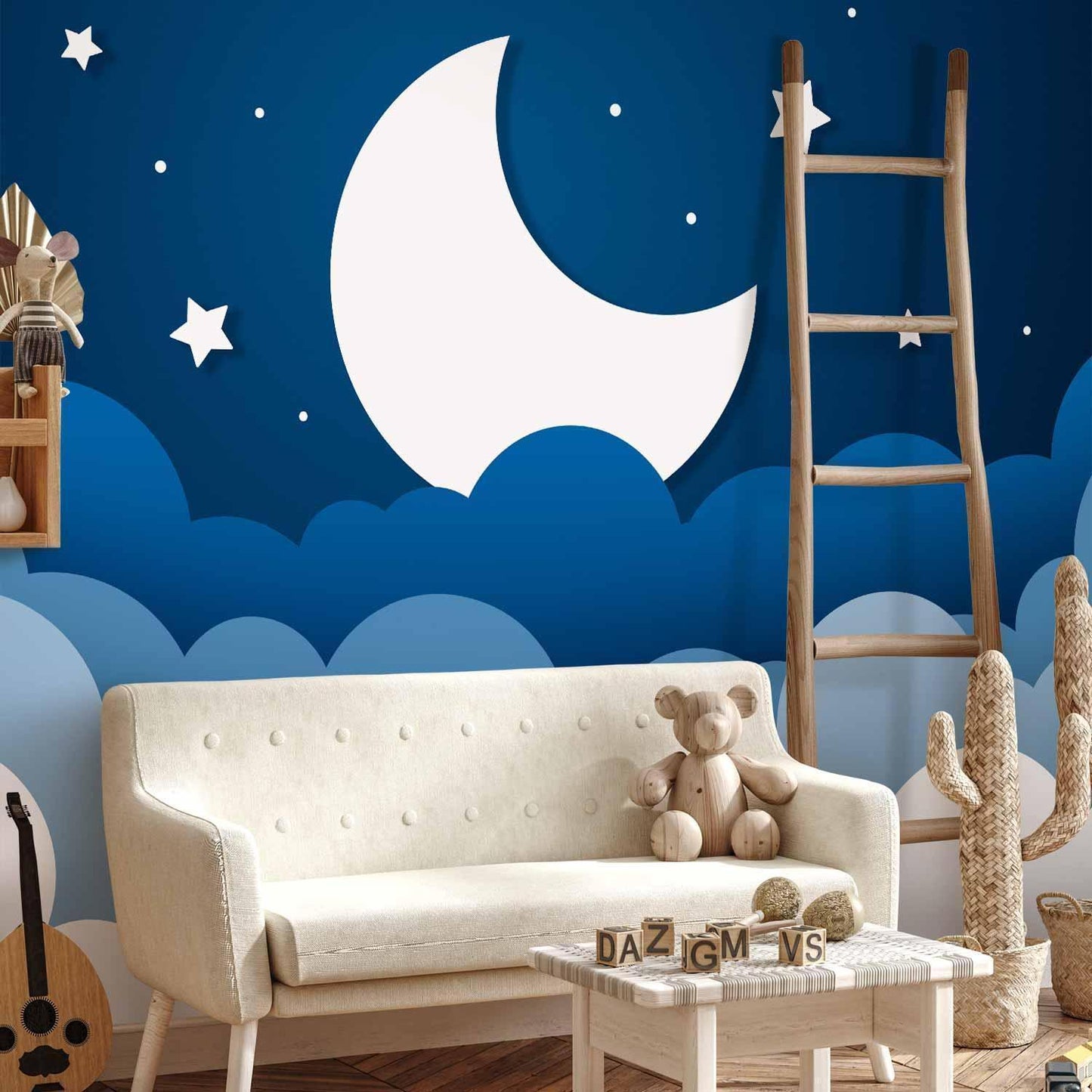 Fototapete - Moon dream - clouds on a dark blue sky with stars for children