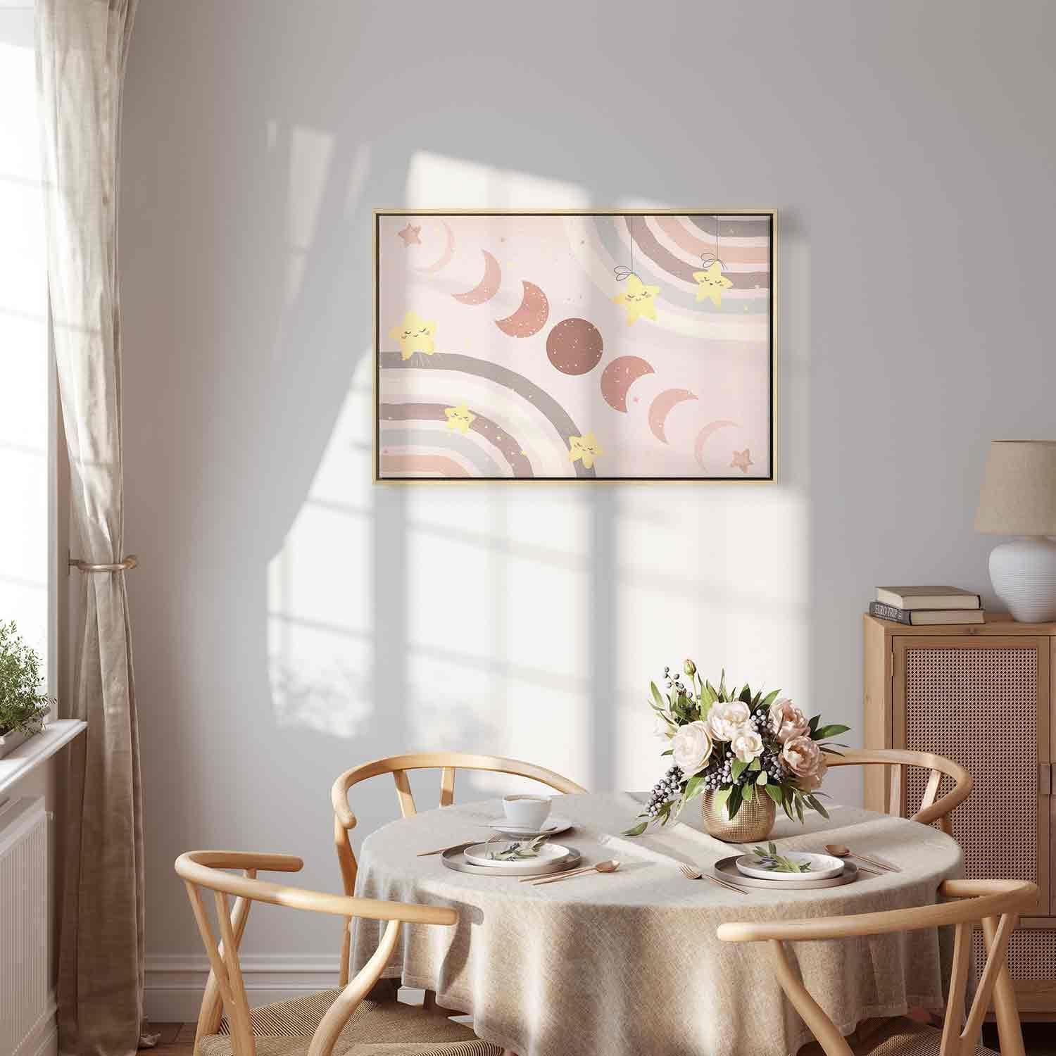 Leinwandbild - Joyful Sky - Yellow Cheerful Stars with a Rainbow Against the Phases of the Moon in a Light Beige Sky Hue Artgeist