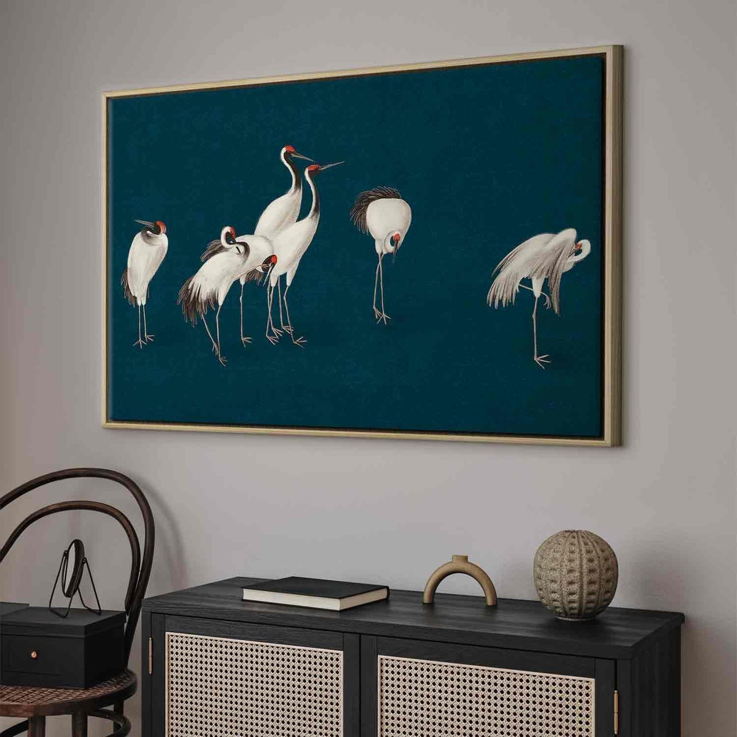 Leinwandbild - Evening by the pond - a group of cranes drawn in dry pastel on a dark turquoise background