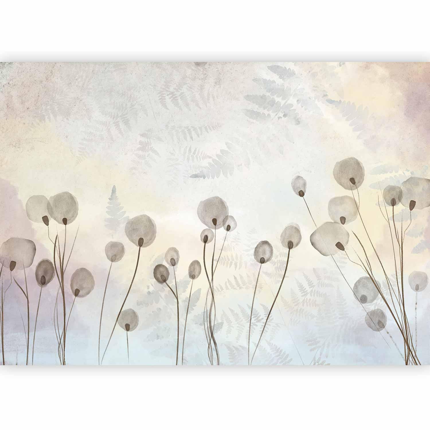 Fototapete - Minimalist meadow - floral motif in light shades with reflections Artgeist