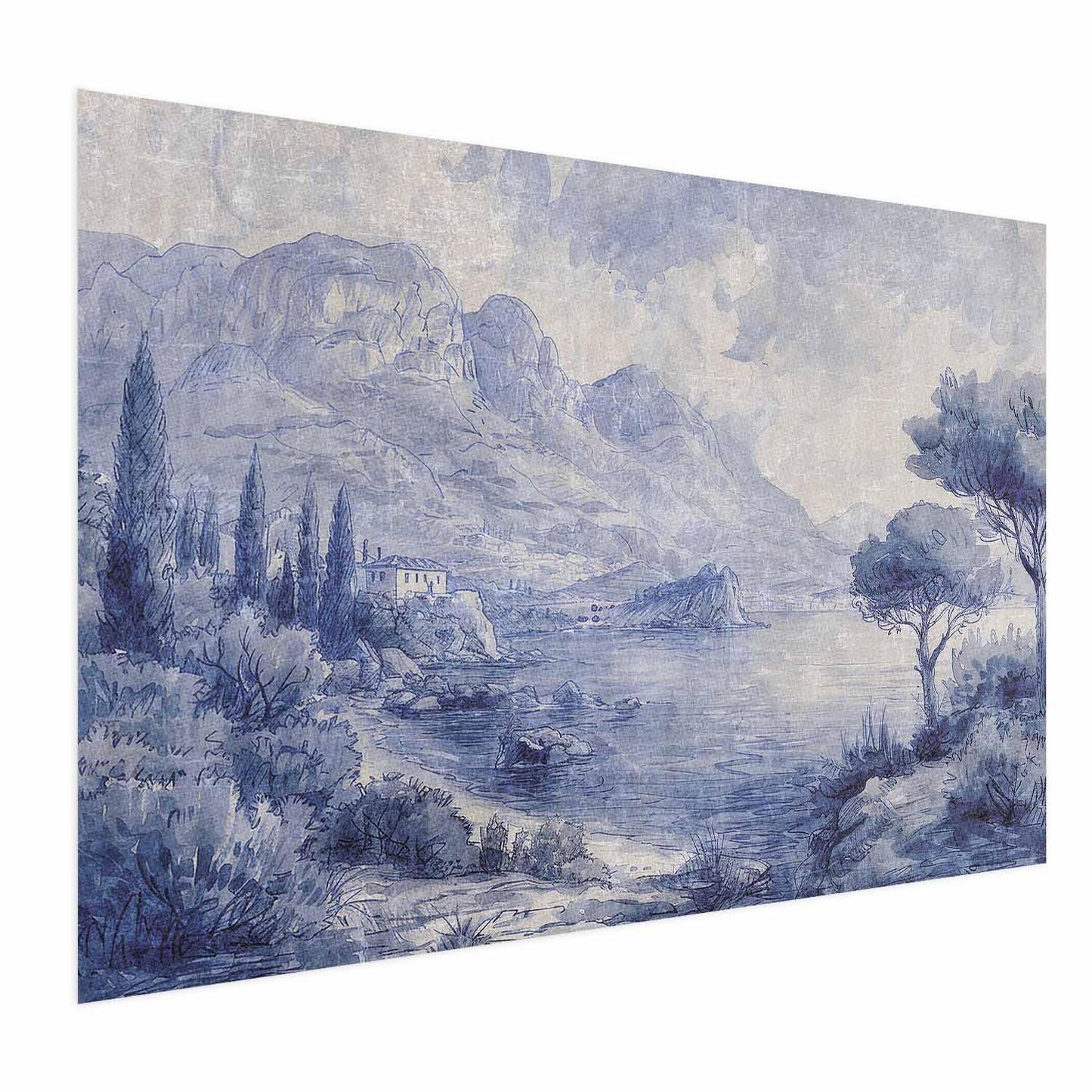 Poster - Blue Bay - Italian Landscape of Lake Como Painted in Blue Ink Artgeist