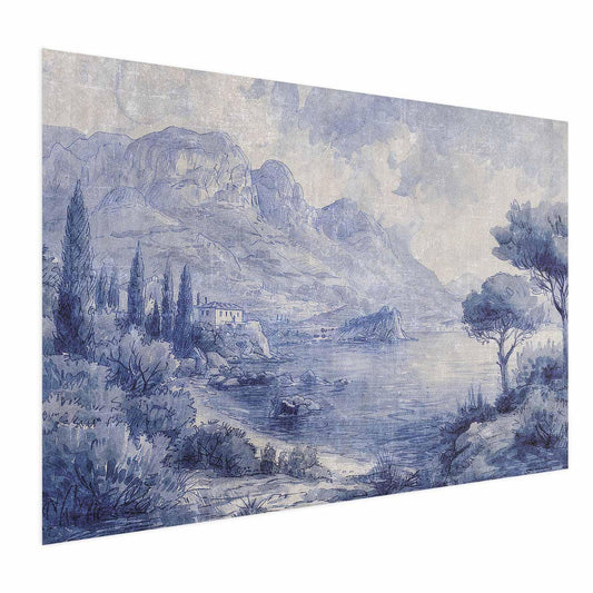Poster - Blue Bay - Italian Landscape of Lake Como Painted in Blue Ink Artgeist
