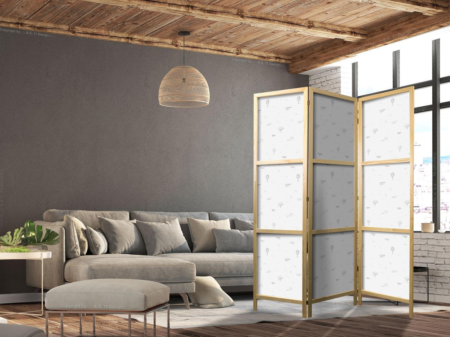 Japanischer Paravent - Drawing - Airplanes - Balloons - and Airships Against a Sky Full of Birds