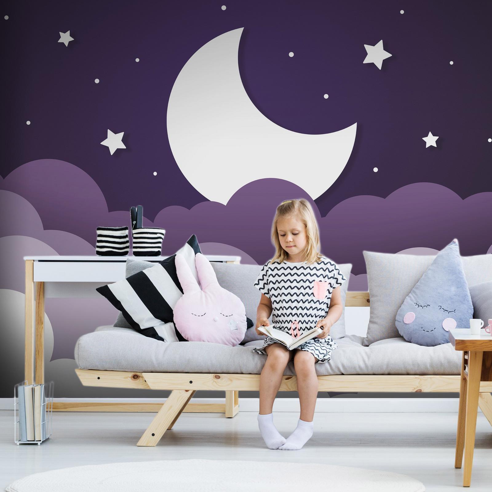 Fototapete - Moon dream - clouds in a purple sky with stars for children Artgeist