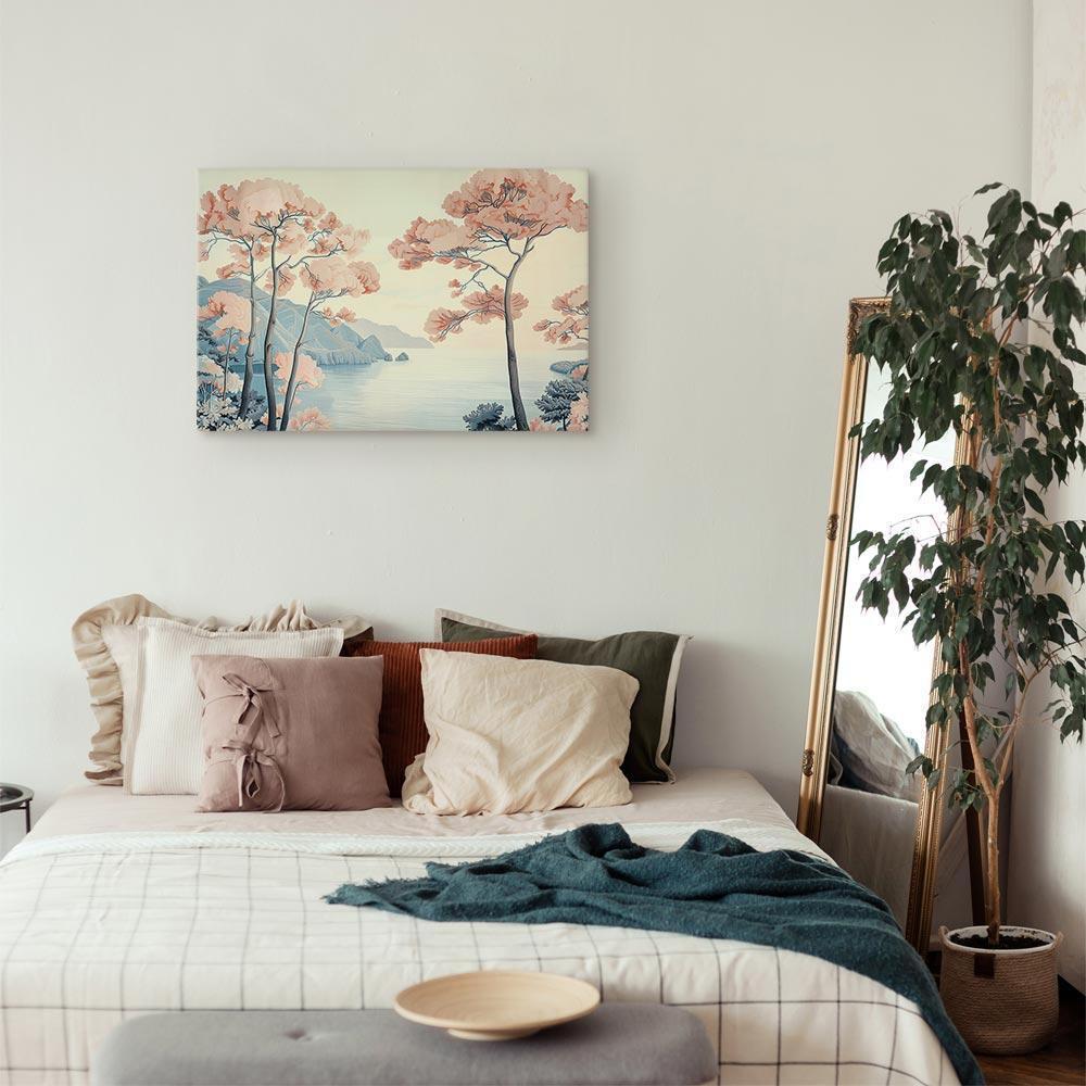 Leinwandbild - Landscape with the Ocean Cliffs and Trees in Delicate Pink Shades