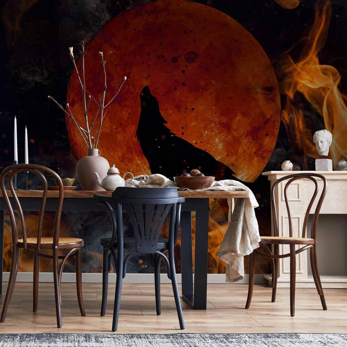 Fototapete - Wild nature - wolf on a background of a red moon in flames of fire