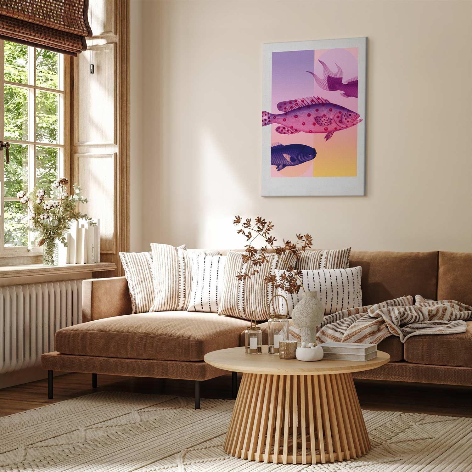 Leinwandbild - Fish in Pastels - Stylized Fish Against Gradient Shapes Artgeist