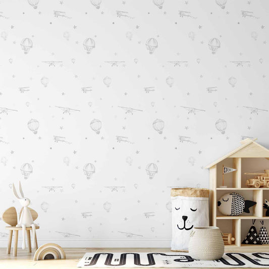 Tapete „Aquarell Flugzeuge und Ballons“ – Verspielter Himmel-Look
