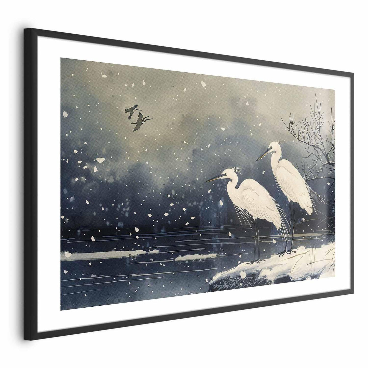 Poster - Herons over a Winter Pond - illustration in the Japanese style in dark colors Artgeist