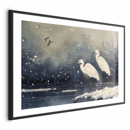 Poster - Herons over a Winter Pond - illustration in the Japanese style in dark colors Artgeist