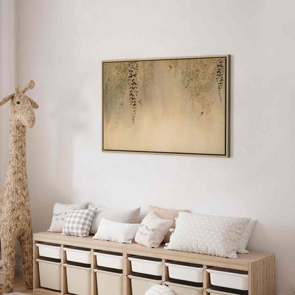 Leinwandbild - Spring Orchard - Hummingbirds Among Tree Branches in Beige Shades Artgeist