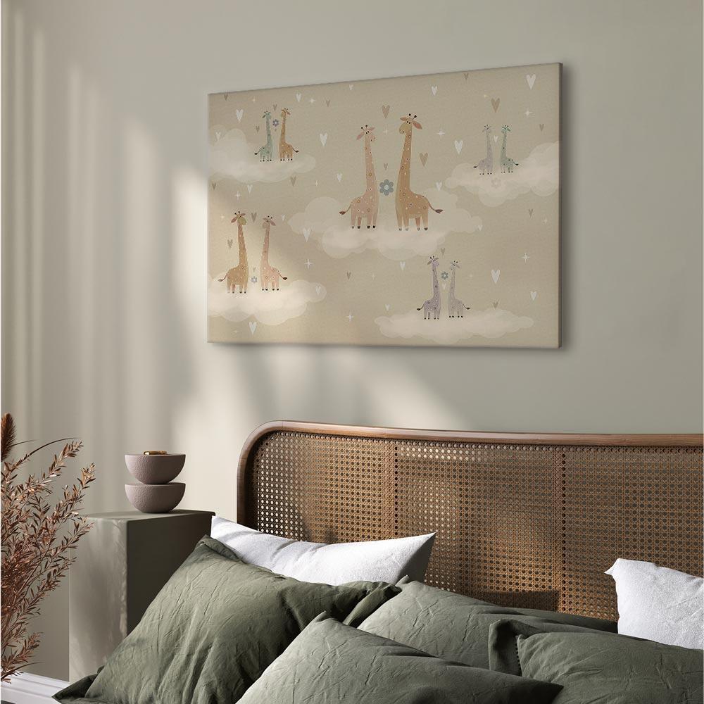 Leinwandbild - Love - Colorful Giraffes Floating on Clouds Among Hearts and Stars