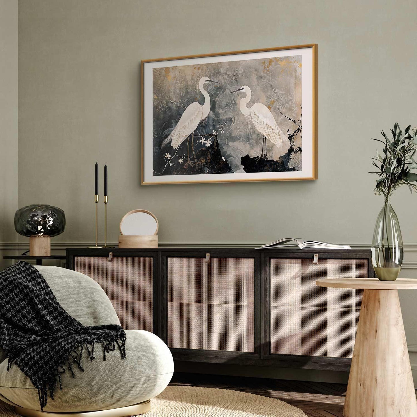 Poster - Herons and Cherry Blossom - oriental-style illustration depicting birds