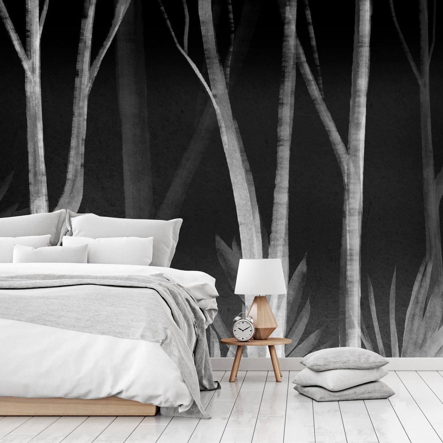Fototapete - Noise of the forest at night - minimalist landscape of white trees on a black background Artgeist