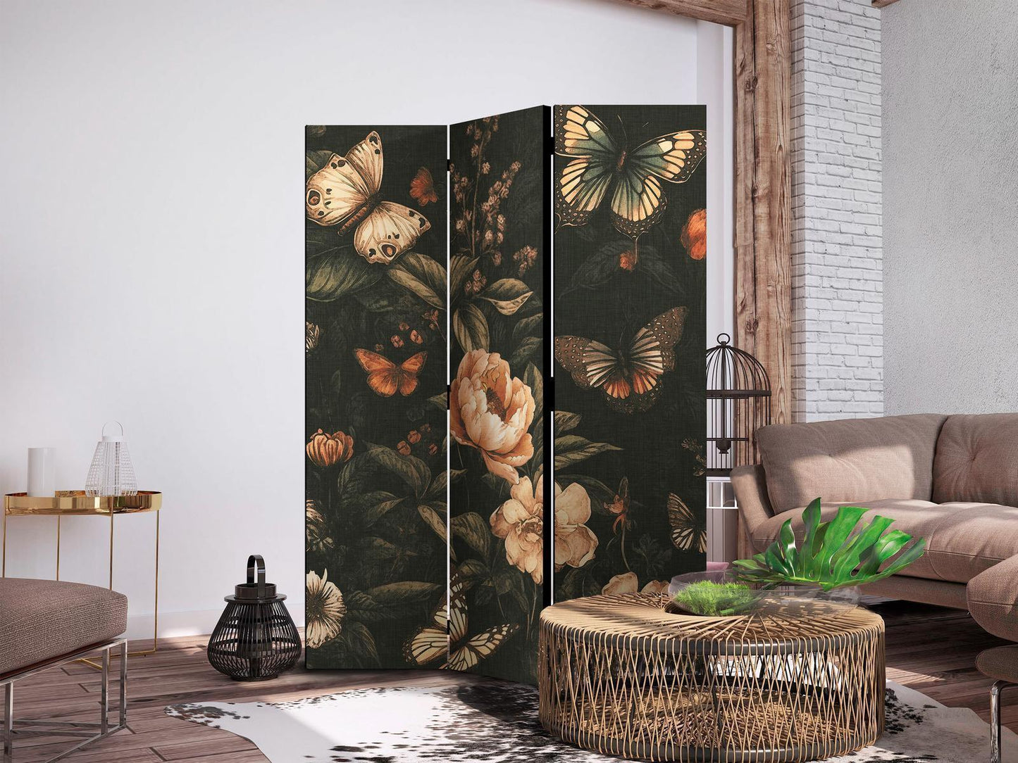 Paravent - Mysterious Garden - Butterflies Flying Over Flowers - Rustic Evening Artgeist