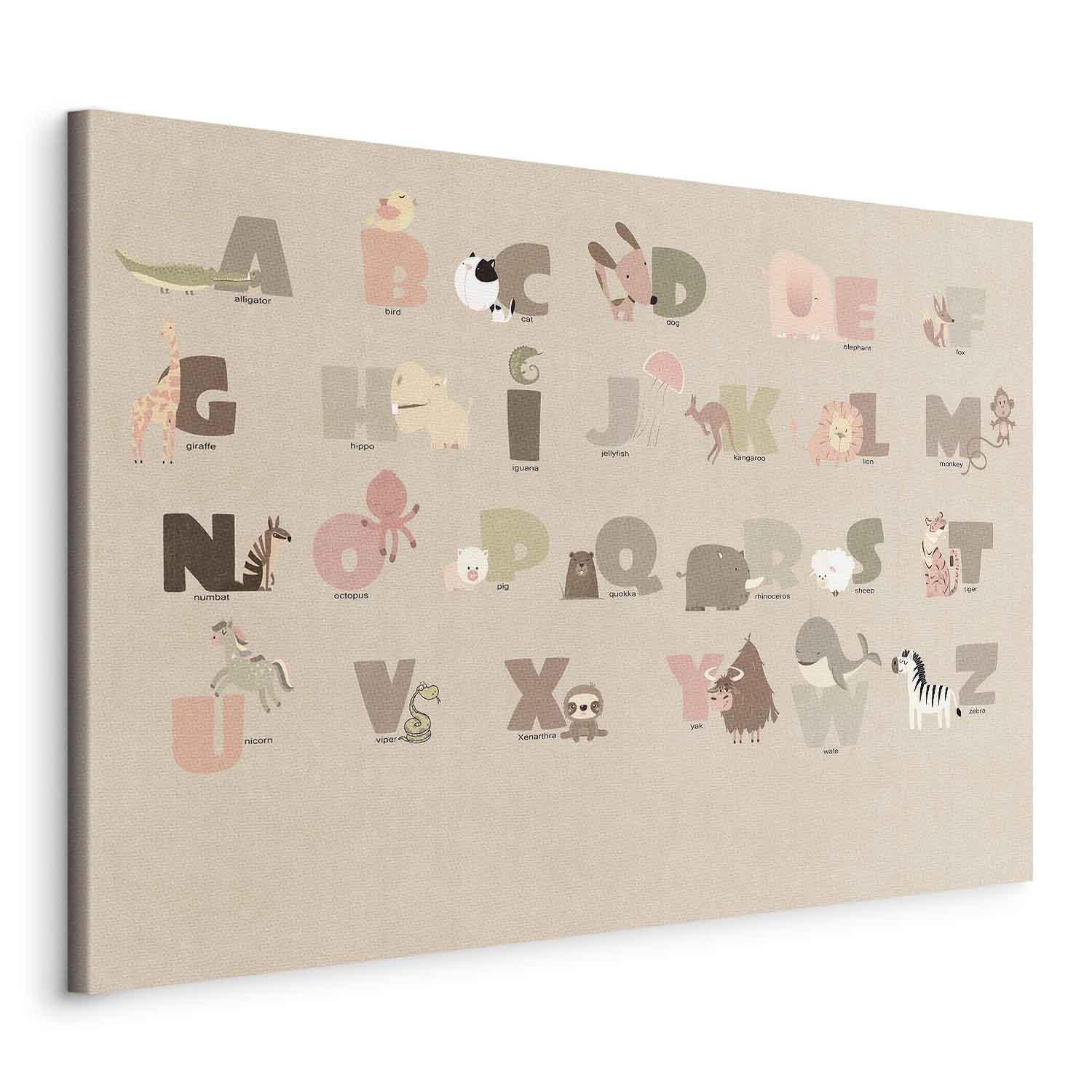 Leinwandbild - Alphabet at the Zoo - Joyful Animals and Their Names on a Beige Background Artgeist