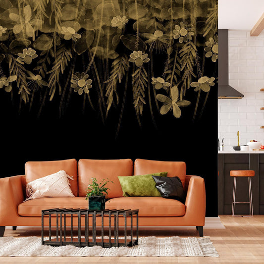 Fototapete - Nature landscape - black abstract nature motif with flowers in sepia Artgeist