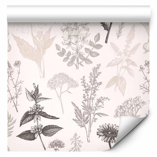 Tapete - Flowers and herbs in warm greys