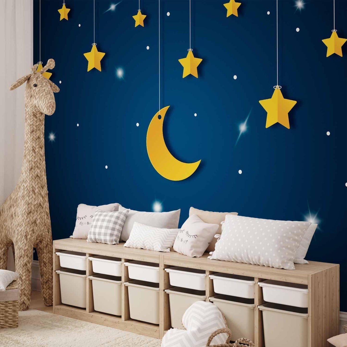 Fototapete - Skyline - night sky landscape with stars and moon for children