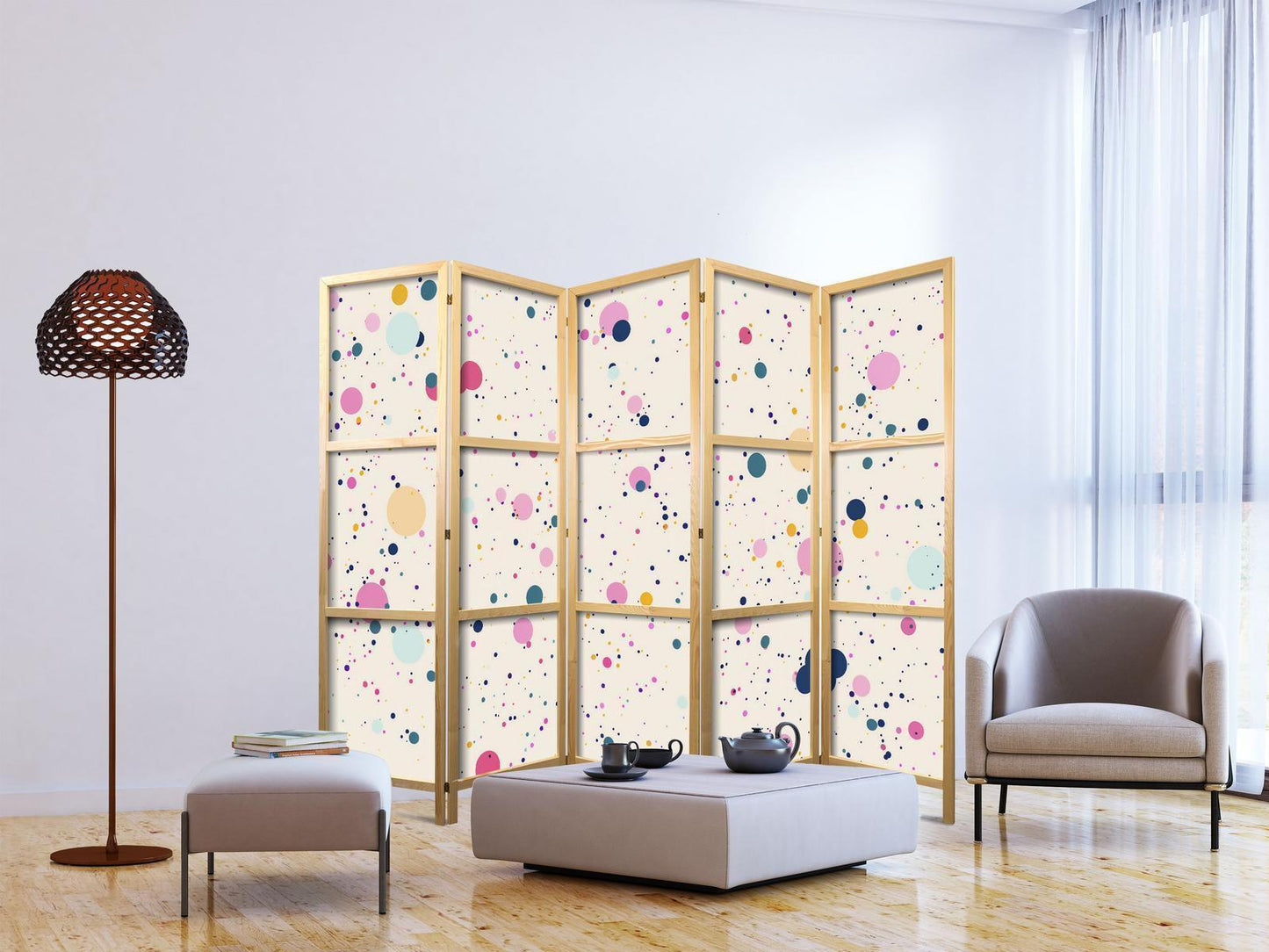 Japanischer Paravent - Dots - Spots and Splashes Multicolored - Cheerful Pattern on a Light Pink Background