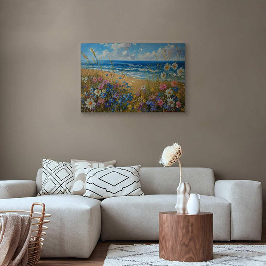 Leinwandbild - Seascape – wildflowers and a view of the rough sea