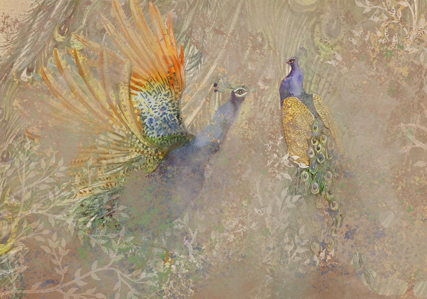 Fototapete - Tanzende-Pfauen | Elegante Pfauen mit kunstvollen Ornamenten Artgeist