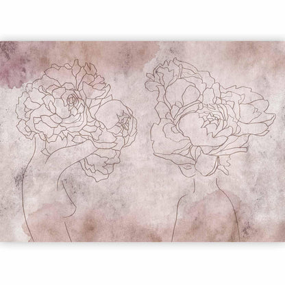 Fototapete - Floristic abstraction - lineart style silhouettes of people with flowers Artgeist