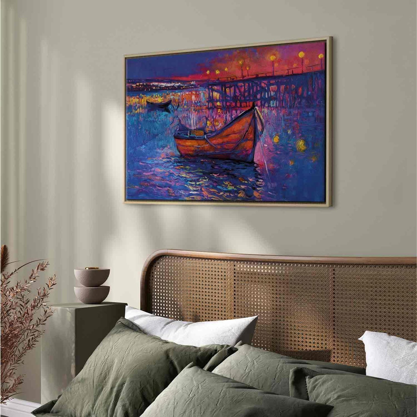 Leinwandbild - Modern impressionism - night landscape of a lake with a floating boat