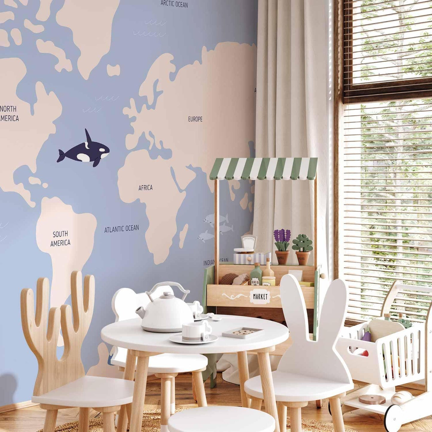 Fototapete - Pastel Planet - Animals and Underwater Plants on a Map