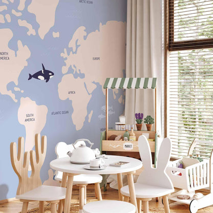 Fototapete - Pastel Planet - Animals and Underwater Plants on a Map