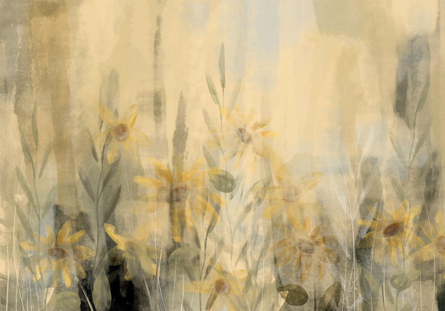 Fototapete - A touch of summer - floral motif with a meadow full of yellow flowers and grasses Artgeist