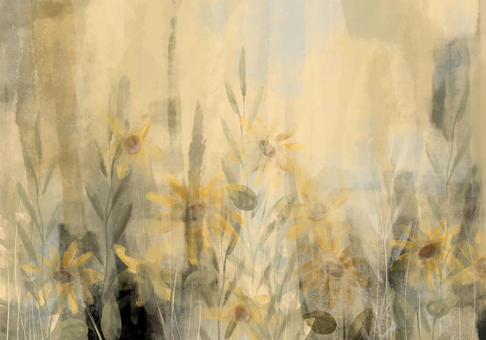 Fototapete - A touch of summer - floral motif with a meadow full of yellow flowers and grasses Artgeist