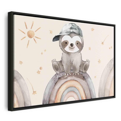 Leinwandbild - Happy Sloth - Sloth in Subdued Colors Wearing a Cap Sitting on a Rainbow Among Little Stars Artgeist
