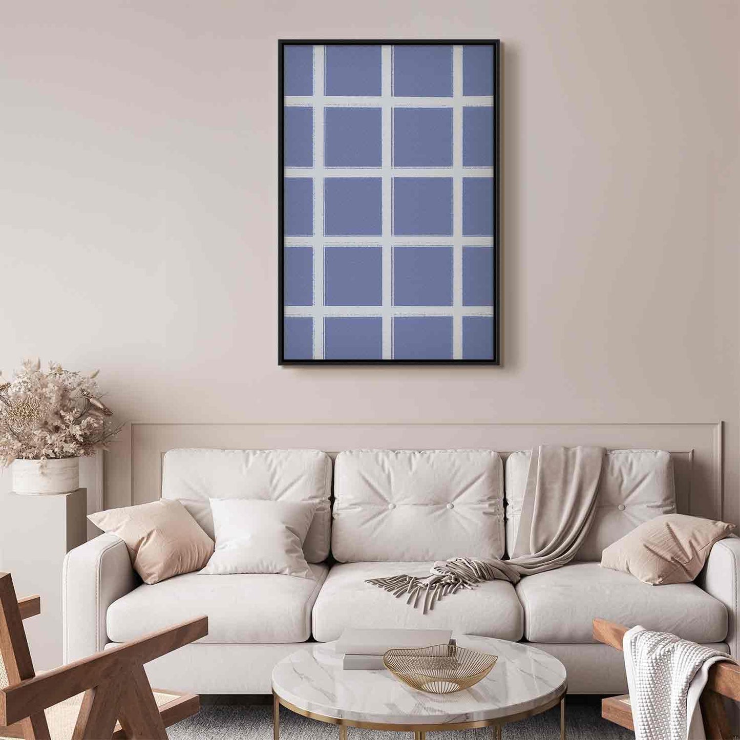 Leinwandbild - Lines and Symmetry - Expressive White Grid on a Blue Background