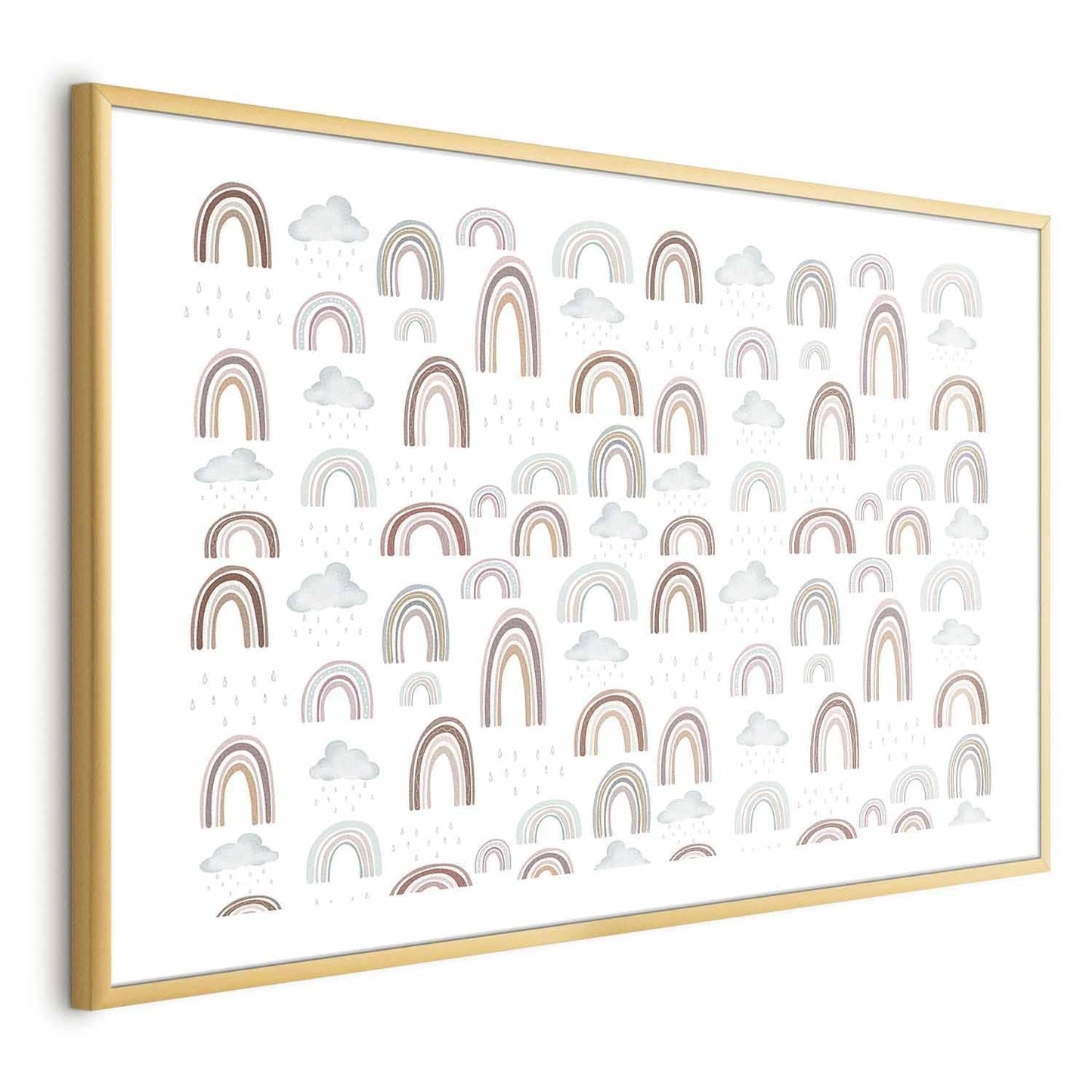 Poster "Rainbow After the Rain" with colorful rainbows and clouds in a gold frame.