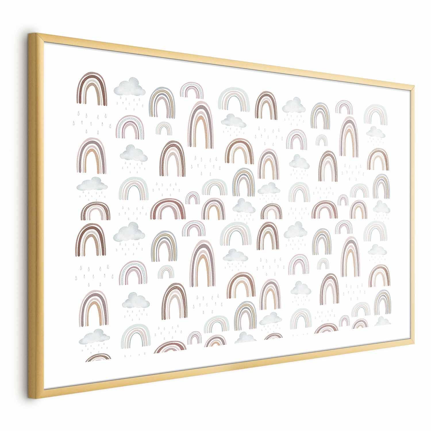 Poster "Rainbow After the Rain" with colorful rainbows and clouds in a gold frame.