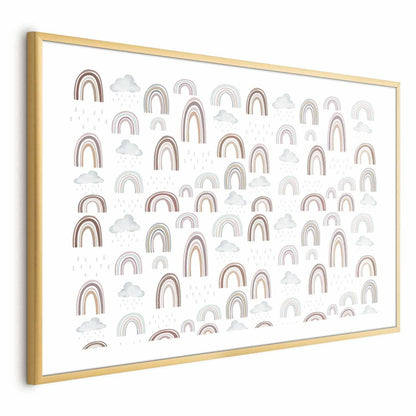 Poster "Rainbow After the Rain" with colorful rainbows and clouds in a gold frame.