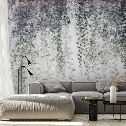 Fototapete - Peaceful oasis - landscape of hanging black leaf vines on a grey background Artgeist