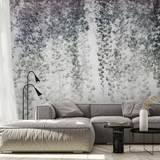 Fototapete - Peaceful oasis - landscape of hanging black leaf vines on a grey background Artgeist