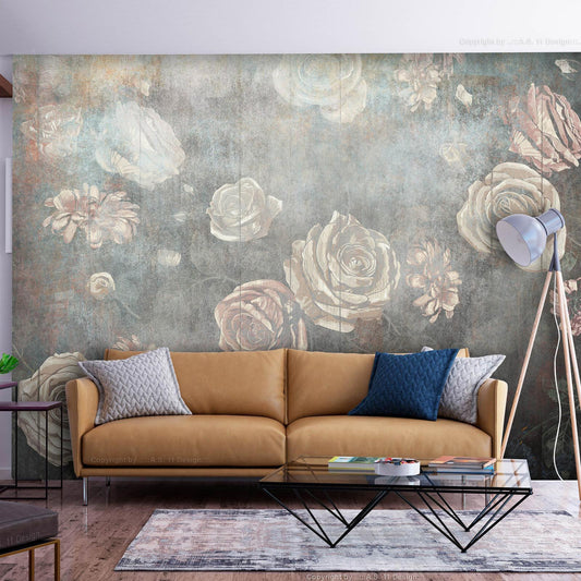Fototapete - Misty nature - muted rose flowers on a background in grey tones Artgeist