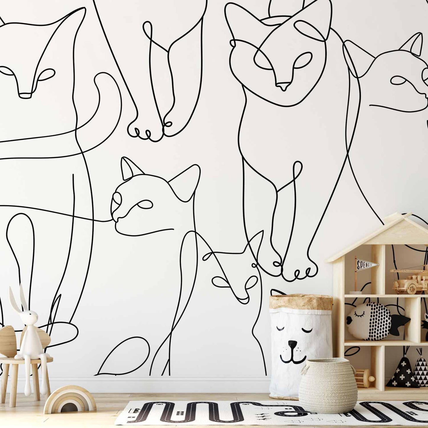 Fototapete - Cat lineart - minimalist sketches of black cats on white background