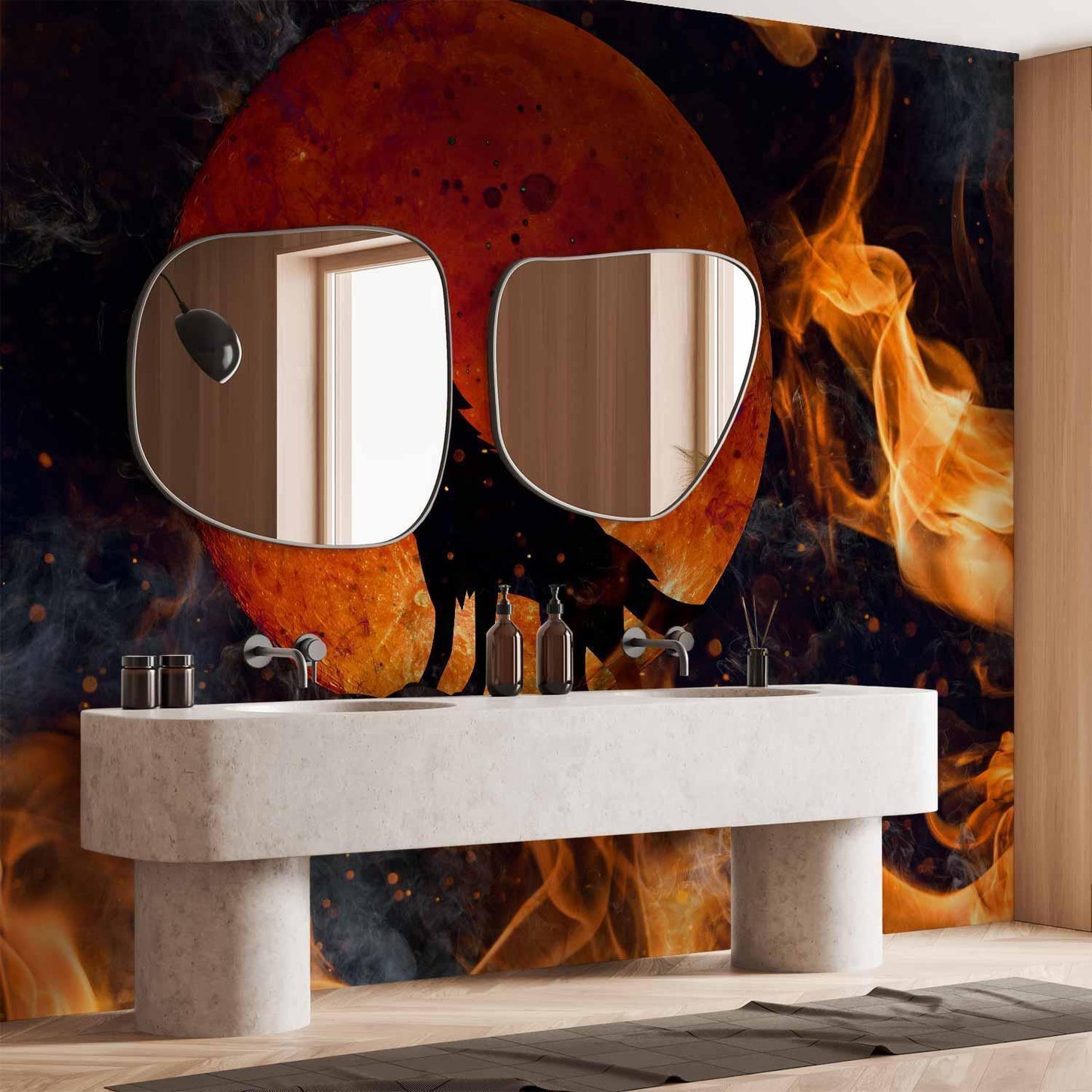 Fototapete - Wild nature - wolf on a background of a red moon in flames of fire