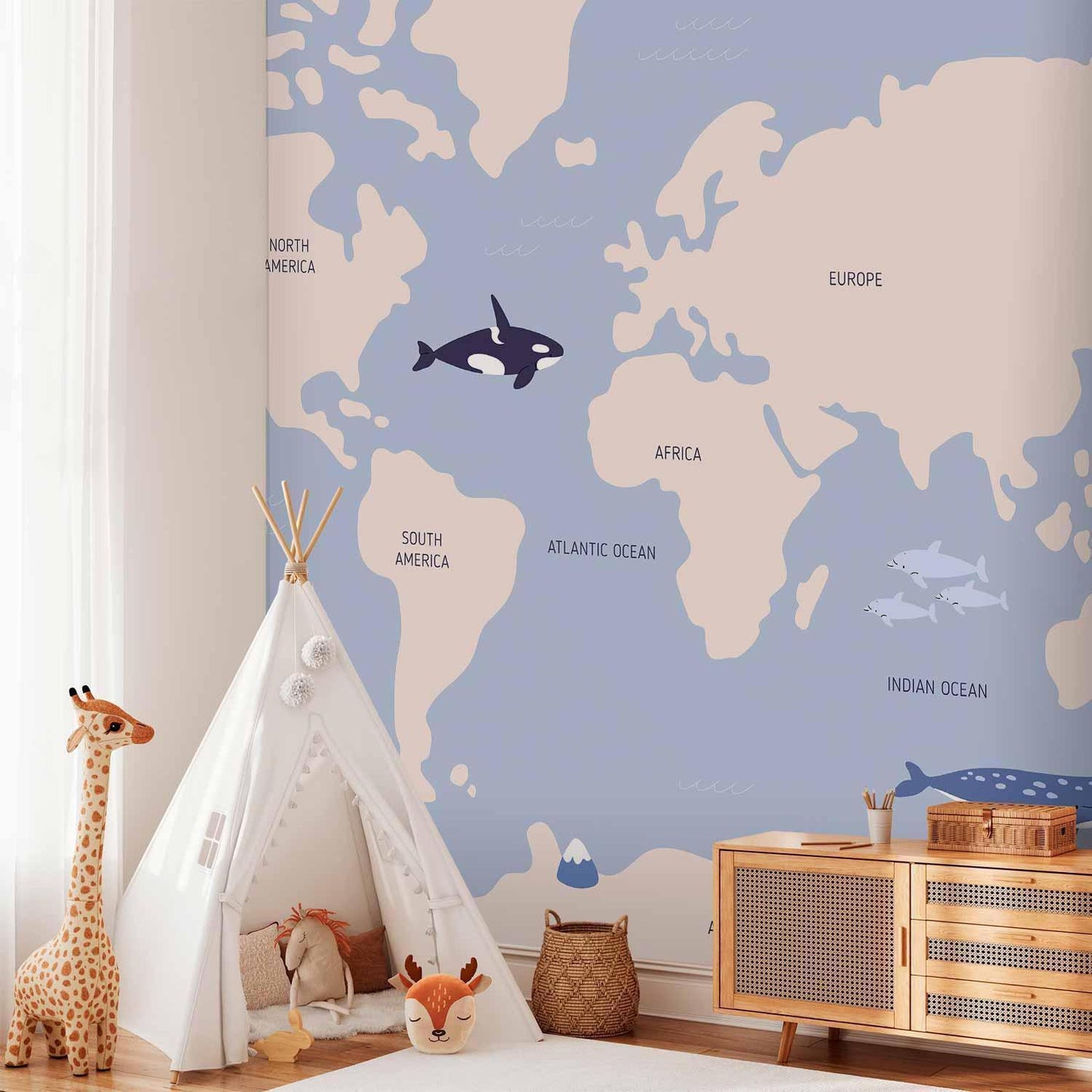 Fototapete - Pastel Planet - Animals and Underwater Plants on a Map