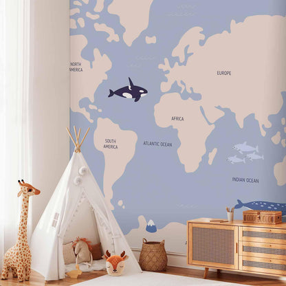 Fototapete - Pastel Planet - Animals and Underwater Plants on a Map