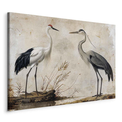 Leinwandbild - Birds from an old engraving - vintage-style illustration depicting a heron and a crane