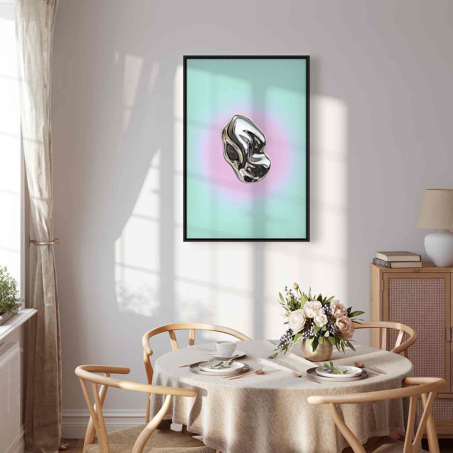 Leinwandbild - Metallic Form - Abstract Sculpture on a Mint Background with a Purple Halo Artgeist
